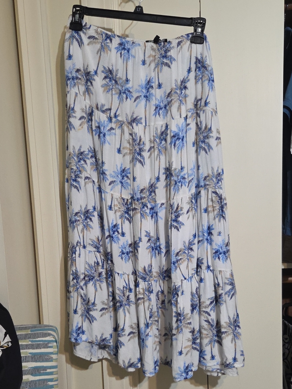 White Maxi Skirt with Blue And TaupePalm Print - Lightweight Tiered Summer Skirt